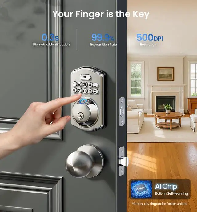 Alt view image 2 of 7 - Fingerprint Door Lock with 2 Knobs - Keyless Entry Door Lock with Handle, Electronic Keypad Deadbolt, Smart Front Handle Set, Auto-Locking, Waterproof, Easy Installation, Satin Nickel