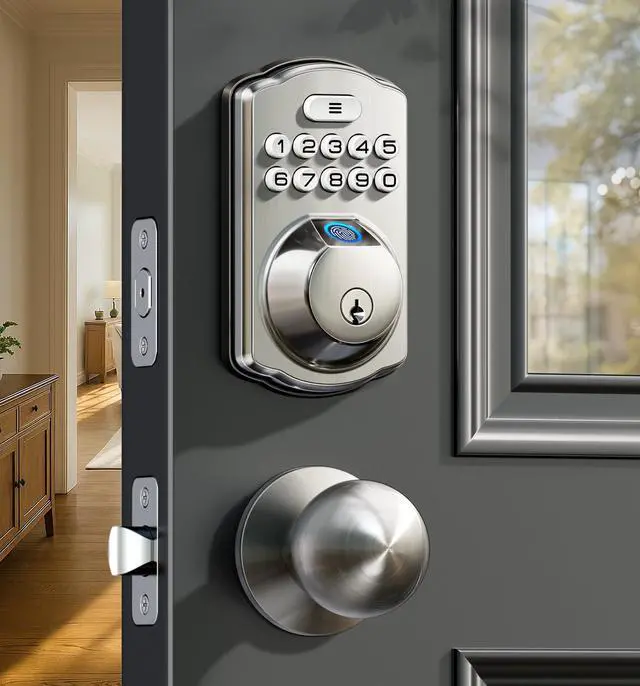 Main image of Fingerprint Door Lock with 2 Knobs - Keyless Entry Door Lock with Handle, Electronic Keypad Deadbolt, Smart Front Handle Set, Auto-Locking, Waterproof, Easy Installation, Satin Nickel