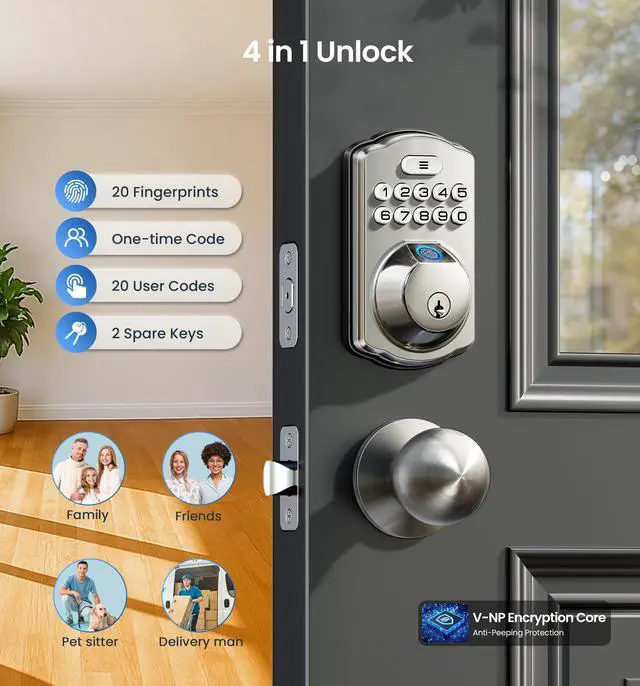 Alt view image 3 of 7 - Fingerprint Door Lock with 2 Knobs - Keyless Entry Door Lock with Handle, Electronic Keypad Deadbolt, Smart Front Handle Set, Auto-Locking, Waterproof, Easy Installation, Satin Nickel
