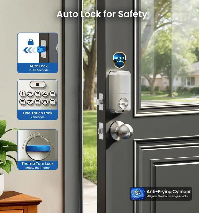 Alt view image 4 of 7 - Fingerprint Door Lock with 2 Knobs - Keyless Entry Door Lock with Handle, Electronic Keypad Deadbolt, Smart Front Handle Set, Auto-Locking, Waterproof, Easy Installation, Satin Nickel