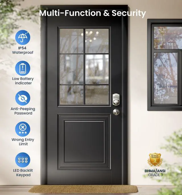 Alt view image 5 of 7 - Fingerprint Door Lock with 2 Knobs - Keyless Entry Door Lock with Handle, Electronic Keypad Deadbolt, Smart Front Handle Set, Auto-Locking, Waterproof, Easy Installation, Satin Nickel
