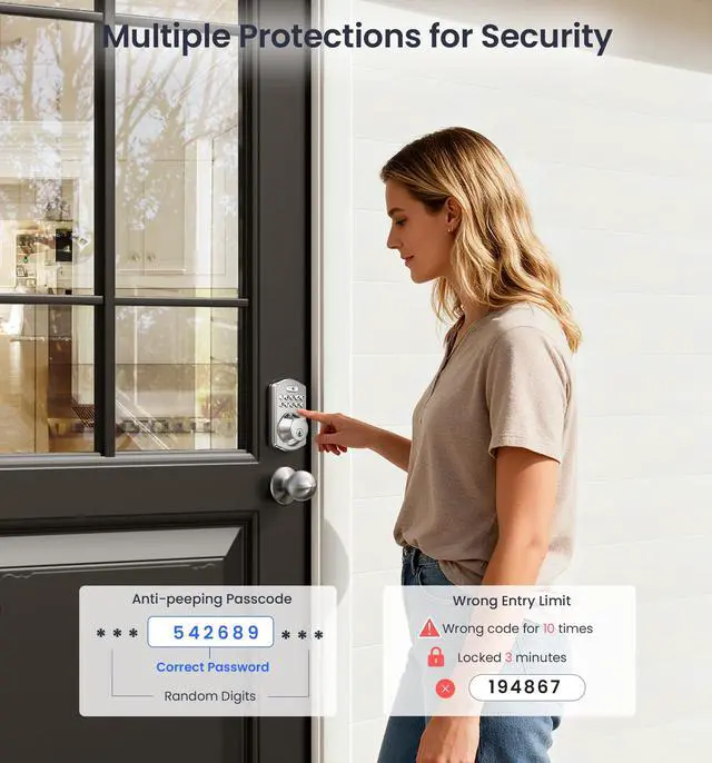 Alt view image 7 of 7 - Fingerprint Door Lock with 2 Knobs - Keyless Entry Door Lock with Handle, Electronic Keypad Deadbolt, Smart Front Handle Set, Auto-Locking, Waterproof, Easy Installation, Satin Nickel