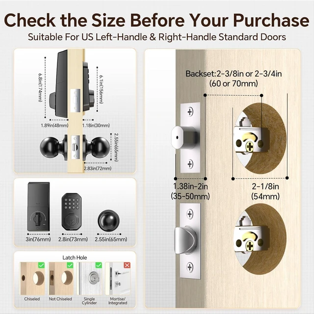 Alt view image 7 of 7 - Keyless Entry Door Lock with Knob Set, Built-in WiFi, Door Locks for Front Door, App Control, Smart Lock, Keypad Deadbolt with Auto Lock, One-Touch Lock, One-Time Code, 5 Keys, Easy to Install