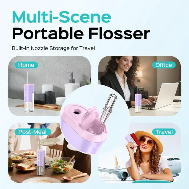 Alt view image 6 of 7 - T40 Mini Water Flosser for Travel: Portable Compact Design, Cordless Oral Irrigator with 4 Jet Tips, Removable Tank & IPX7 Waterproof for Braces, Sensitive Teeth & On-The-Go Use, Pink Purple