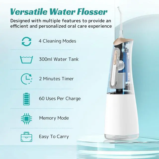 Alt view image 2 of 7 - Water Dental Flosser Cordless Oral Irrigator with 300ml 5 Tips 4 Modes USBCharger Portable Travle Irrigation Cleaner IPX7 Electric Irrigador Dental for Teeth Cleaning (White)