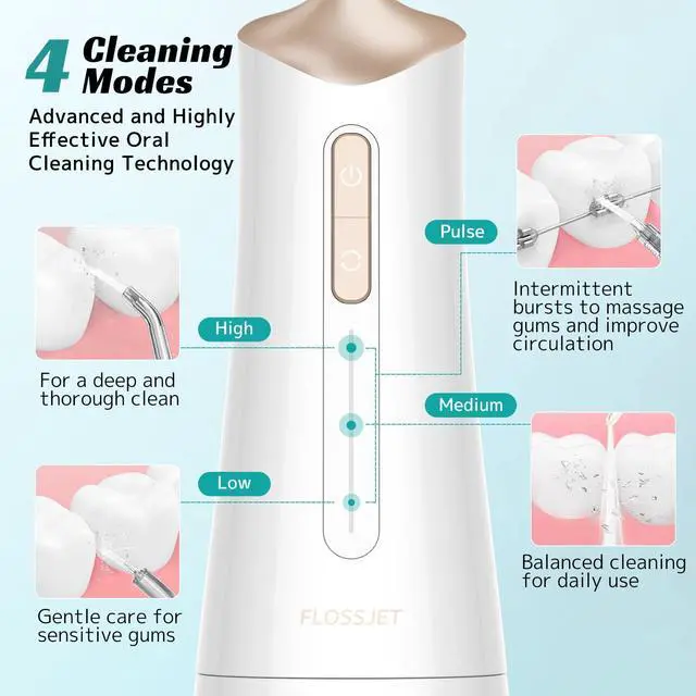 Alt view image 3 of 7 - Water Dental Flosser Cordless Oral Irrigator with 300ml 5 Tips 4 Modes USBCharger Portable Travle Irrigation Cleaner IPX7 Electric Irrigador Dental for Teeth Cleaning (White)