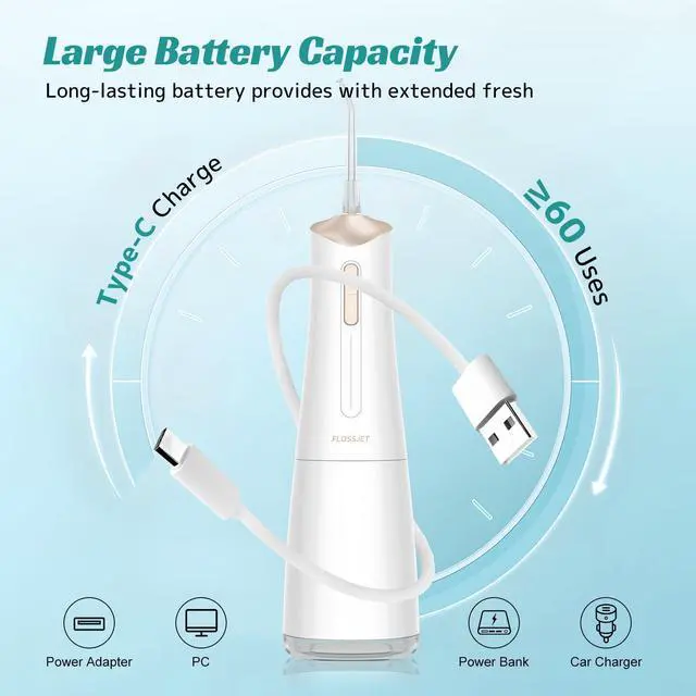 Alt view image 6 of 7 - Water Dental Flosser Cordless Oral Irrigator with 300ml 5 Tips 4 Modes USBCharger Portable Travle Irrigation Cleaner IPX7 Electric Irrigador Dental for Teeth Cleaning (White)