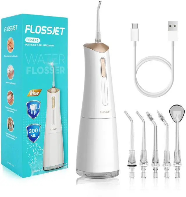 Alt view image 7 of 7 - Water Dental Flosser Cordless Oral Irrigator with 300ml 5 Tips 4 Modes USBCharger Portable Travle Irrigation Cleaner IPX7 Electric Irrigador Dental for Teeth Cleaning (White)