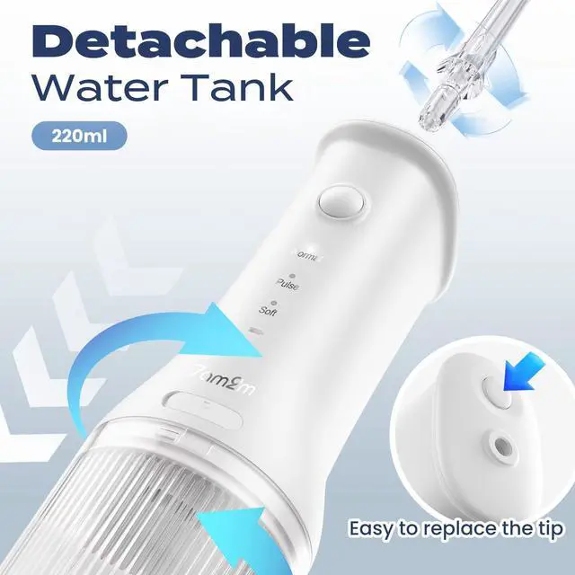 Alt view image 4 of 7 - Portable Cordless Water Flosser, Oral Irrigator with 3 Modes & 2 Tips, Fast Rechargeable, IPX7 Waterproof, Dental Water Flosser for Travel and Home Use (White)