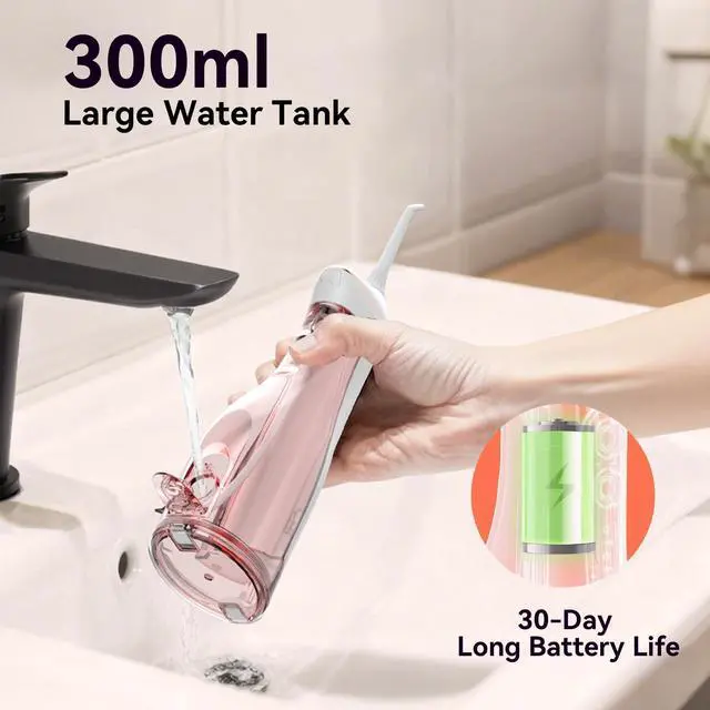 Alt view image 4 of 7 - Cordless Portable Water Flosser with 300ML Tank: Rechargeable Oral Irrigator with 5 Tips for Travel, Braces Care and Sensitive Gums, IPX7 Waterproof Teeth Cleaning Device(Pink)
