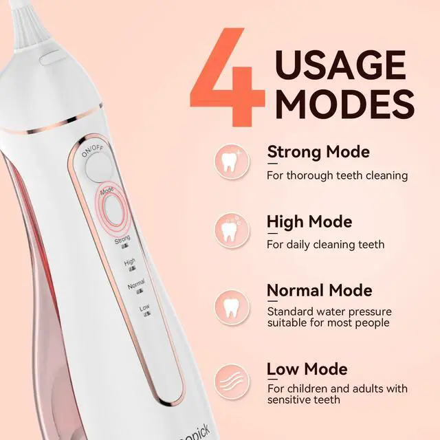Alt view image 2 of 7 - Cordless Portable Water Flosser with 300ML Tank: Rechargeable Oral Irrigator with 5 Tips for Travel, Braces Care and Sensitive Gums, IPX7 Waterproof Teeth Cleaning Device(Pink)