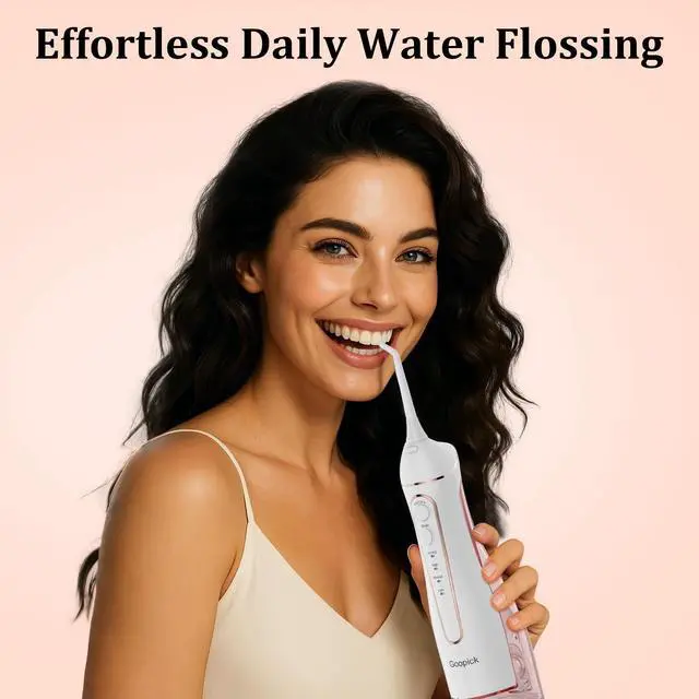 Alt view image 7 of 7 - Cordless Portable Water Flosser with 300ML Tank: Rechargeable Oral Irrigator with 5 Tips for Travel, Braces Care and Sensitive Gums, IPX7 Waterproof Teeth Cleaning Device(Pink)