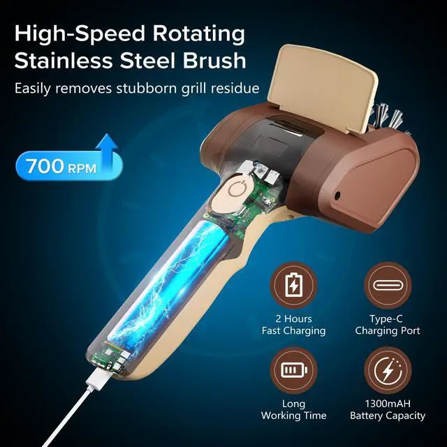 Alt view image 5 of 7 - Electric Grill Brush for Outdoor Grill, Cordless Electric BBQ Grill Cleaner, Rechargeable Grill Cleaning Stainless Steel Brush, Grill Scraper, BBQ Accessories Brown