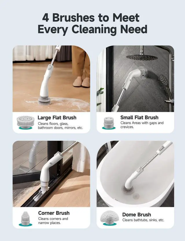 Alt view image 4 of 7 - Electric Spin Scrubber HS1, Cordless Shower Scrubber for Cleaning with 4 Replaceable Brush Heads Adjustable Extension Handle, IPX7 Waterproof Cleaning Brush for Bathroom Floor White