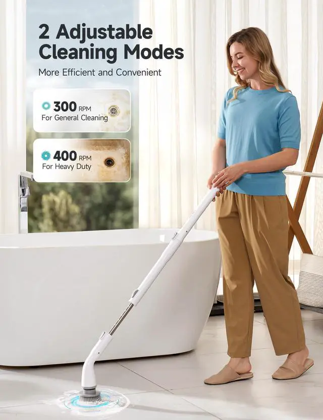 Alt view image 3 of 7 - Electric Spin Scrubber HS1, Cordless Shower Scrubber for Cleaning with 4 Replaceable Brush Heads Adjustable Extension Handle, IPX7 Waterproof Cleaning Brush for Bathroom Floor White
