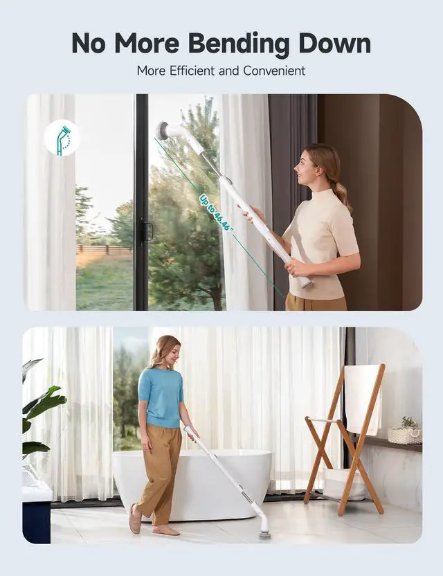 Alt view image 6 of 7 - Electric Spin Scrubber HS1, Cordless Shower Scrubber for Cleaning with 4 Replaceable Brush Heads Adjustable Extension Handle, IPX7 Waterproof Cleaning Brush for Bathroom Floor White