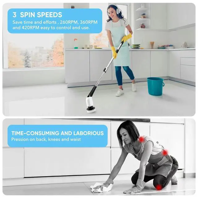 Alt view image 3 of 7 - Electric Spin Scrubber, Cordless Cleaning Brush Power Shower Scrubber Long Handle Extendable Handheld Electric Scrubber for Bathroom Floor Tub Tile with 8 Replaceable Brush Heads & Hook