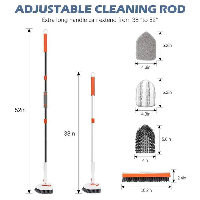Alt view image 2 of 7 - 4-in-1 Tile Tub Floor Scrubber with 52-inch Adjustable Long Handle Shower Cleaner Brush with V-Shaped Grout Brush and 3 Replacement Brush Heads for Cleaning Bathroom Kitchen Walls Tub Tile