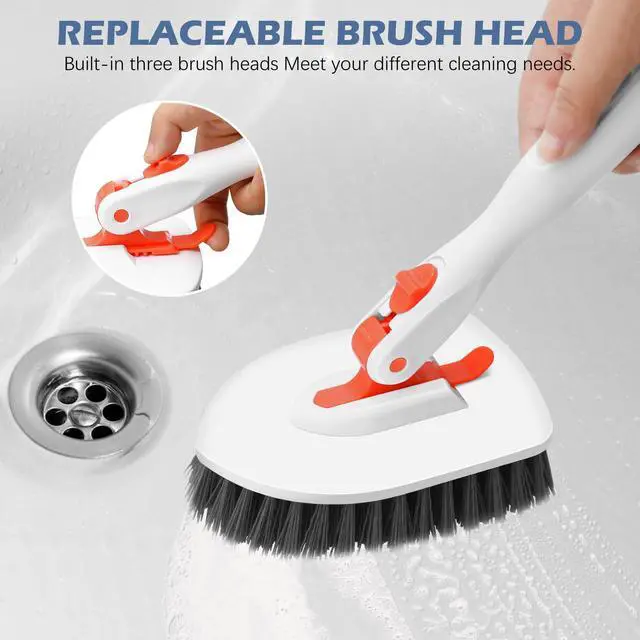 Alt view image 5 of 7 - 4-in-1 Tile Tub Floor Scrubber with 52-inch Adjustable Long Handle Shower Cleaner Brush with V-Shaped Grout Brush and 3 Replacement Brush Heads for Cleaning Bathroom Kitchen Walls Tub Tile
