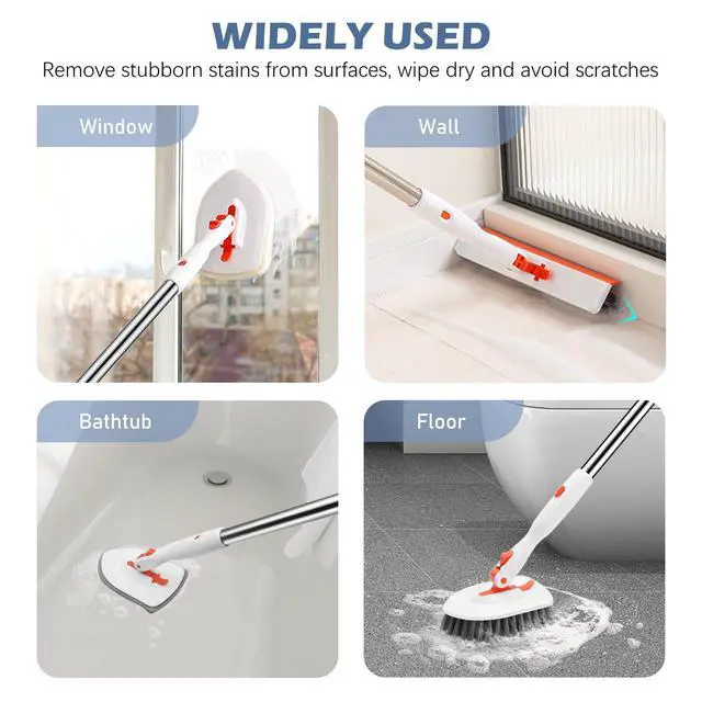 Alt view image 6 of 7 - 4-in-1 Tile Tub Floor Scrubber with 52-inch Adjustable Long Handle Shower Cleaner Brush with V-Shaped Grout Brush and 3 Replacement Brush Heads for Cleaning Bathroom Kitchen Walls Tub Tile