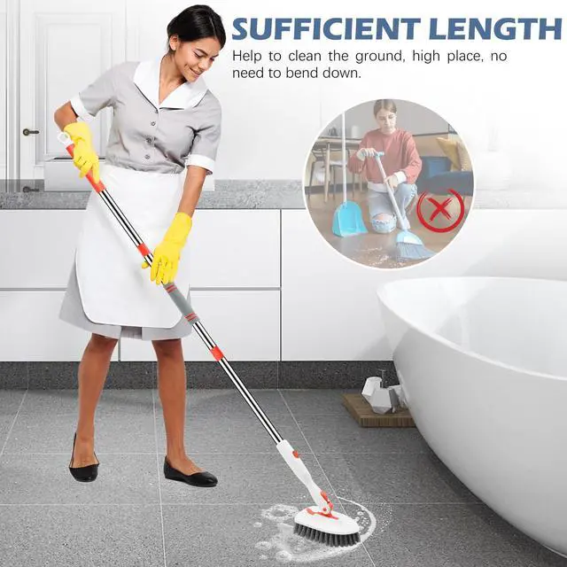 Alt view image 7 of 7 - 4-in-1 Tile Tub Floor Scrubber with 52-inch Adjustable Long Handle Shower Cleaner Brush with V-Shaped Grout Brush and 3 Replacement Brush Heads for Cleaning Bathroom Kitchen Walls Tub Tile
