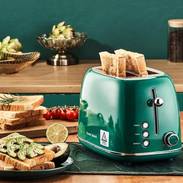 Alt view image 3 of 7 - 2 Slice Toaster Retro Stainless Steel with Bagel, Cancel, and Defrost Functions, 6 Bread Shade Settings, Extra Wide Slots and Removable Crumb Tray, Green