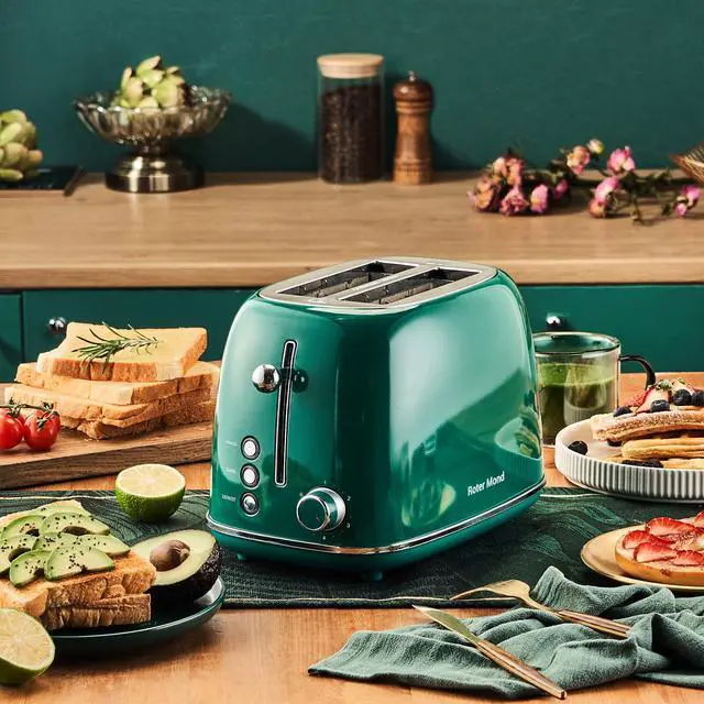 Alt view image 2 of 7 - 2 Slice Toaster Retro Stainless Steel with Bagel, Cancel, and Defrost Functions, 6 Bread Shade Settings, Extra Wide Slots and Removable Crumb Tray, Green