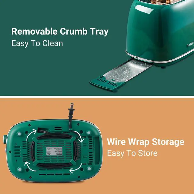Alt view image 7 of 7 - 2 Slice Toaster Retro Stainless Steel with Bagel, Cancel, and Defrost Functions, 6 Bread Shade Settings, Extra Wide Slots and Removable Crumb Tray, Green