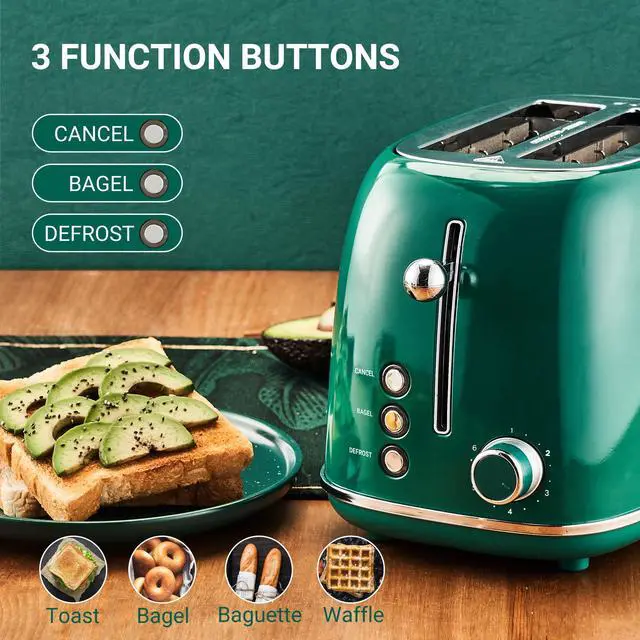 Alt view image 6 of 7 - 2 Slice Toaster Retro Stainless Steel with Bagel, Cancel, and Defrost Functions, 6 Bread Shade Settings, Extra Wide Slots and Removable Crumb Tray, Green