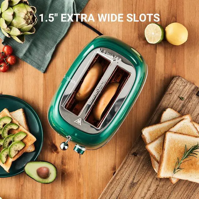 Alt view image 5 of 7 - 2 Slice Toaster Retro Stainless Steel with Bagel, Cancel, and Defrost Functions, 6 Bread Shade Settings, Extra Wide Slots and Removable Crumb Tray, Green
