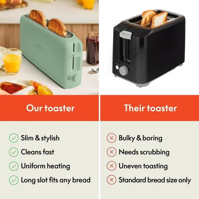 Alt view image 7 of 7 - 2 Slice Slim Toaster, Fits-anywhere Kitchenware, 6 Setting Shade Control with Reheat & Cancel Buttons, Fits Sourdough, 10 Long Slot, Anti Jam & Auto Shutoff, 900 Watt, Seaglass