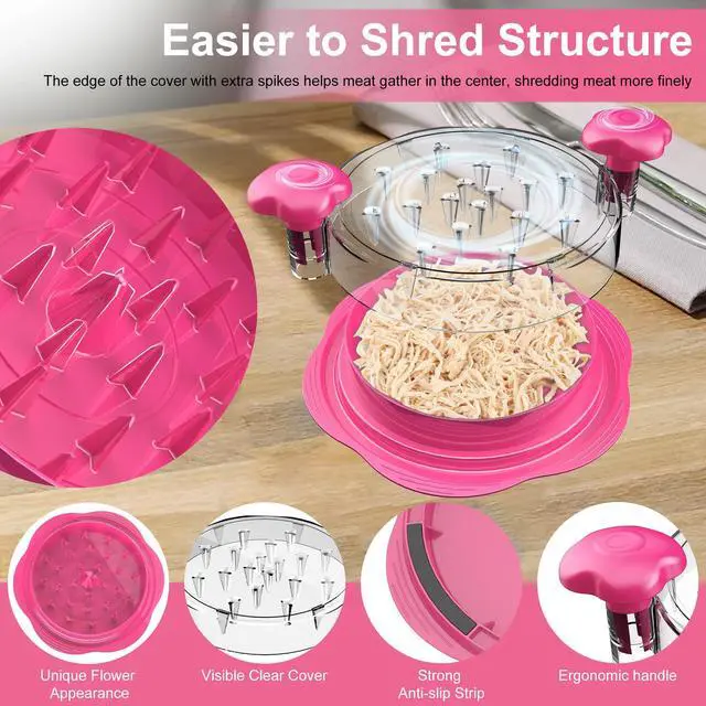 Alt view image 3 of 7 - Chicken Shredder Tool Twist Large Chicken Breast Shredder with Brush&Fork, Visible Meat Shredder Machine, Anti-Slip Strip, Ergonomic Handle, BPA Free, Pork Beef Chicken(Hot Pink)