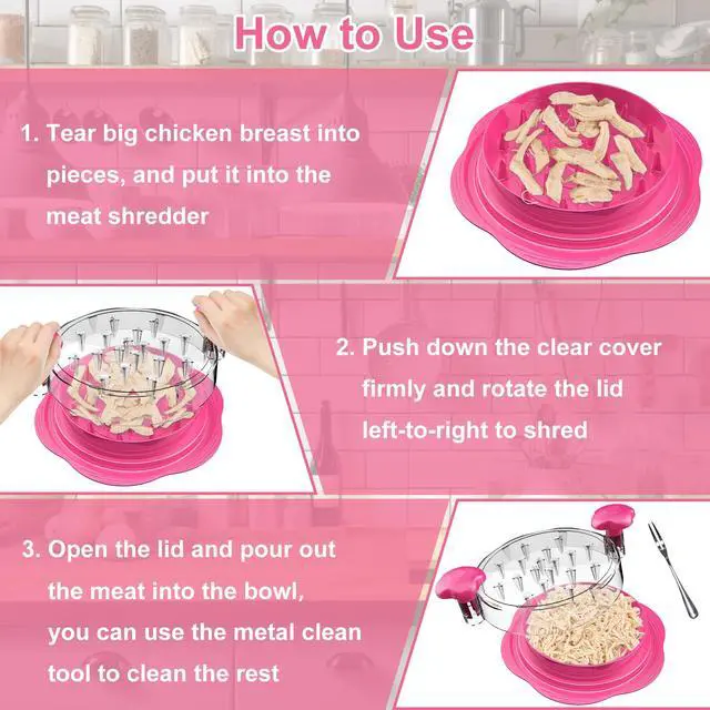 Alt view image 6 of 7 - Chicken Shredder Tool Twist Large Chicken Breast Shredder with Brush&Fork, Visible Meat Shredder Machine, Anti-Slip Strip, Ergonomic Handle, BPA Free, Pork Beef Chicken(Hot Pink)
