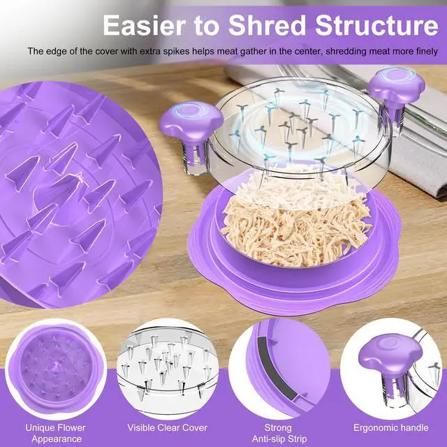 Alt view image 3 of 7 - Chicken Shredder Tool Twist Large Chicken Breast Shredder with Brush&Fork, Visible Meat Shredder Machine, Anti-Slip Strip, Ergonomic Handle, BPA Free, Suitable for Pork Beef Chicken(Purple)