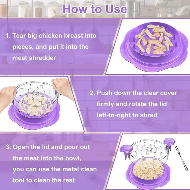 Alt view image 6 of 7 - Chicken Shredder Tool Twist Large Chicken Breast Shredder with Brush&Fork, Visible Meat Shredder Machine, Anti-Slip Strip, Ergonomic Handle, BPA Free, Suitable for Pork Beef Chicken(Purple)