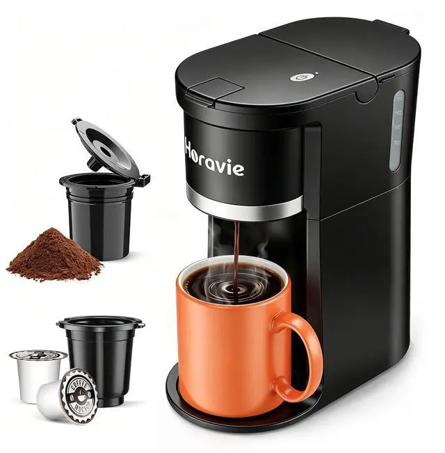 Main image of Small Single Serve Coffee Maker, Fast Brew One Cup Coffee Machine for K Cup and Grounds, 6 to 12 oz. Brew Sizes, Pod Coffee Maker with Descaling Reminder and Viewing Tank, Black