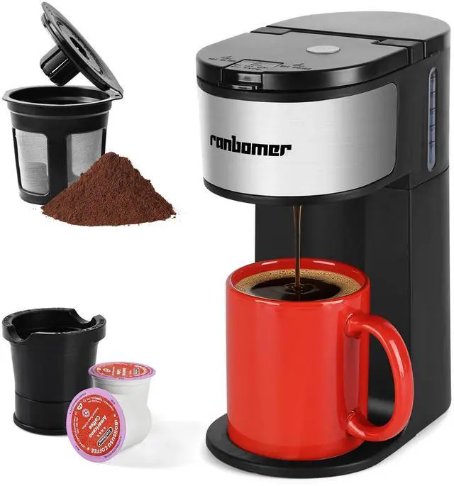 Main image of K Cup Coffee Maker, Single Serve coffee machine or Ground Coffee Machine 2 in 1, 6 to 14 Oz Brew Sizes, Mini One Cup Coffee Maker with Self cleaning Function.