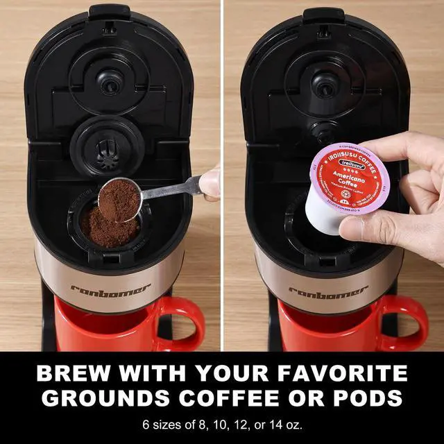 Alt view image 2 of 7 - K Cup Coffee Maker, Single Serve coffee machine or Ground Coffee Machine 2 in 1, 6 to 14 Oz Brew Sizes, Mini One Cup Coffee Maker with Self cleaning Function.