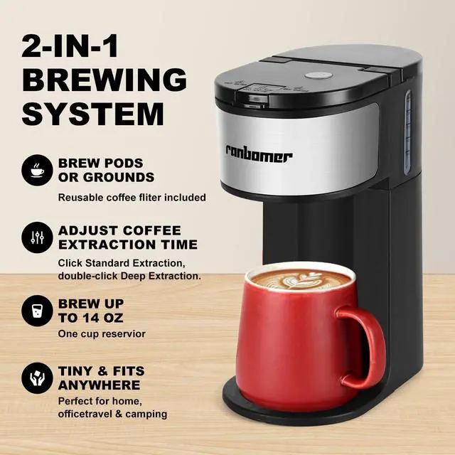 Alt view image 4 of 7 - K Cup Coffee Maker, Single Serve coffee machine or Ground Coffee Machine 2 in 1, 6 to 14 Oz Brew Sizes, Mini One Cup Coffee Maker with Self cleaning Function.