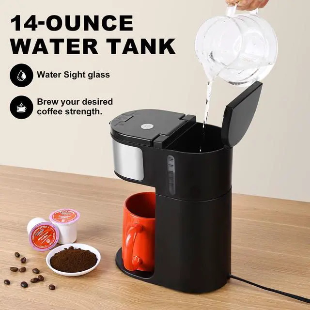Alt view image 6 of 7 - K Cup Coffee Maker, Single Serve coffee machine or Ground Coffee Machine 2 in 1, 6 to 14 Oz Brew Sizes, Mini One Cup Coffee Maker with Self cleaning Function.