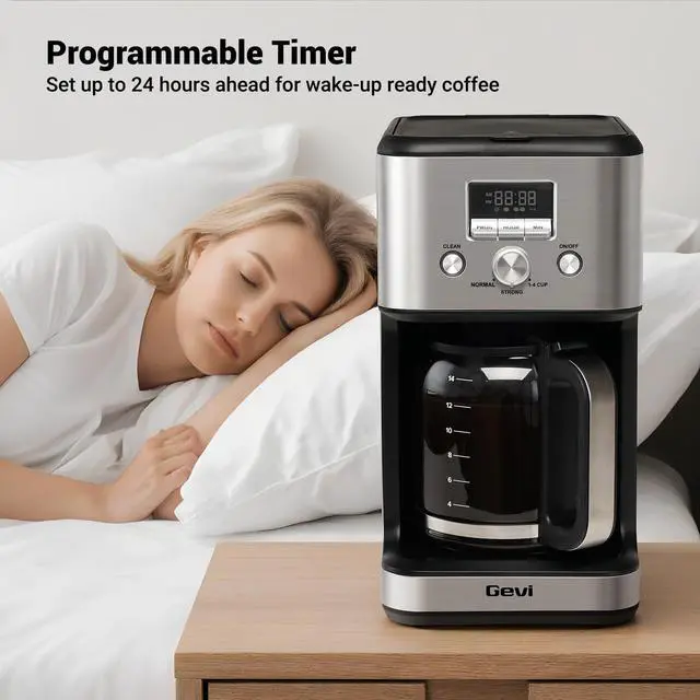 Alt view image 2 of 7 - 14-Cup Programmable Coffee Maker, Drip Coffee Machine with Normal & Strong Brew for Home and Office, Glass Carafe, 2-Hour Keep Warm, Pause & Serve, Auto Shut Off, Silver