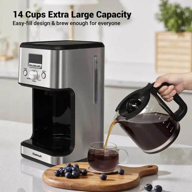 Alt view image 4 of 7 - 14-Cup Programmable Coffee Maker, Drip Coffee Machine with Normal & Strong Brew for Home and Office, Glass Carafe, 2-Hour Keep Warm, Pause & Serve, Auto Shut Off, Silver