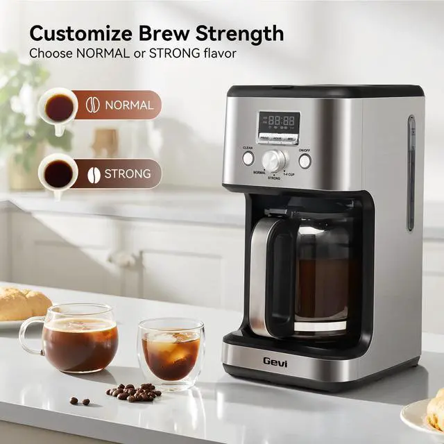 Alt view image 5 of 7 - 14-Cup Programmable Coffee Maker, Drip Coffee Machine with Normal & Strong Brew for Home and Office, Glass Carafe, 2-Hour Keep Warm, Pause & Serve, Auto Shut Off, Silver