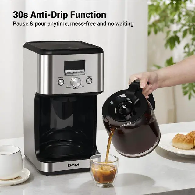 Alt view image 7 of 7 - 14-Cup Programmable Coffee Maker, Drip Coffee Machine with Normal & Strong Brew for Home and Office, Glass Carafe, 2-Hour Keep Warm, Pause & Serve, Auto Shut Off, Silver