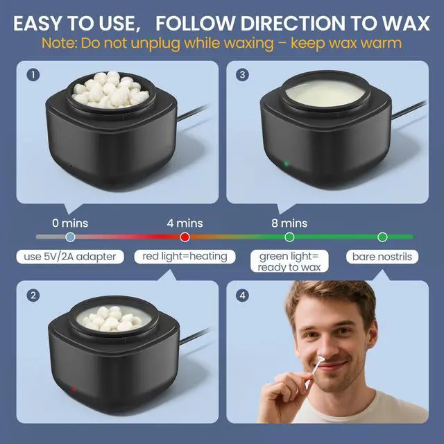 Alt view image 4 of 7 - Nose Wax Kit Men, Nose Ear Hair Waxing Kit with 100g Wax, 40 Sticks, Nose Ear Hair Removal Kit, USB Fast Heat, Smart Constant Temp, Upgraded Size, Multi-Accessories, Black
