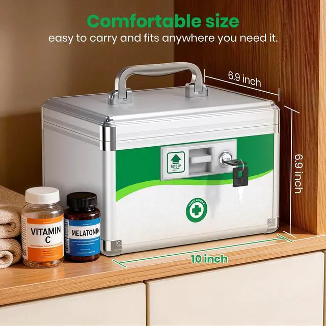 Alt view image 4 of 7 - Medicine Lock Box with Keys, Small 10x6.9x6.9in, Aluminum Child-Safe Lock