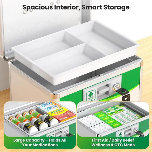 Alt view image 7 of 7 - Medicine Lock Box with Keys, Small 10x6.9x6.9in, Aluminum Child-Safe Lock