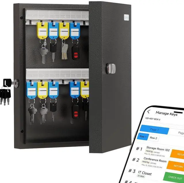 Main image of 32 Key Lock Box with Key Management App (Track Key Borrow/Return), 3-Digit Combination Lock & Backup Key, Wall Mount Key Cabinet, Key Holder Organizer Box for Home, Small Office, Rental