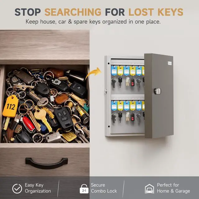 Alt view image 3 of 6 - 32 Key Lock Box with Key Management App (Track Key Borrow/Return), 3-Digit Combination Lock & Backup Key, Wall Mount Key Cabinet, Key Holder Organizer Box for Home, Small Office, Rental