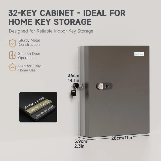 Alt view image 2 of 6 - 32 Key Lock Box with Key Management App (Track Key Borrow/Return), 3-Digit Combination Lock & Backup Key, Wall Mount Key Cabinet, Key Holder Organizer Box for Home, Small Office, Rental